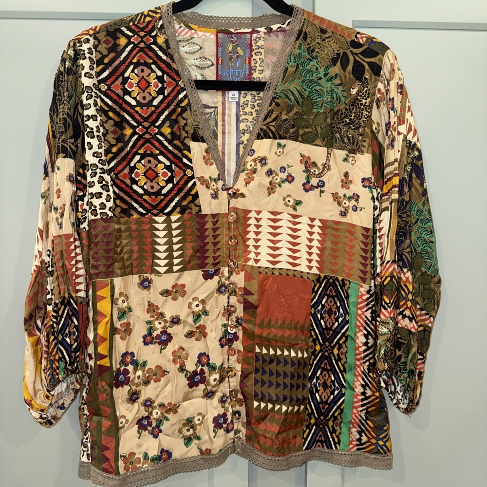 Johnny Was Fria Patch Lola Floral Animal Print Floral Blouse XS Viscose Rayon